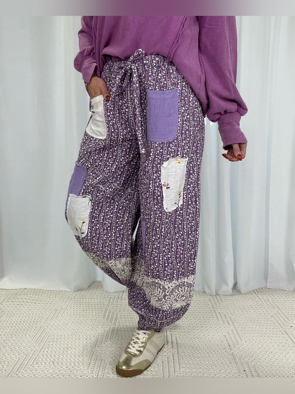POL Patchwork and Lace Jogger Pants ~ Purple